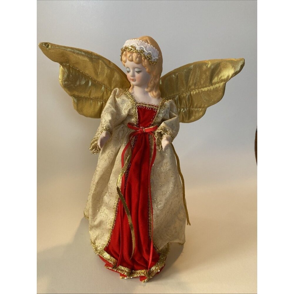 Vintage Christmas Angel Tree Topper 10" Tall Red and Gold Robe Eyes Closed